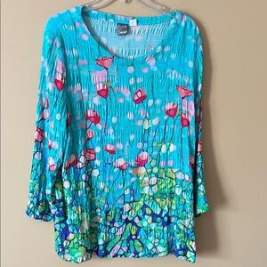 ART BY DOLCEZZA Vibrant Floral Tunic in Turquoise and Pink. XL